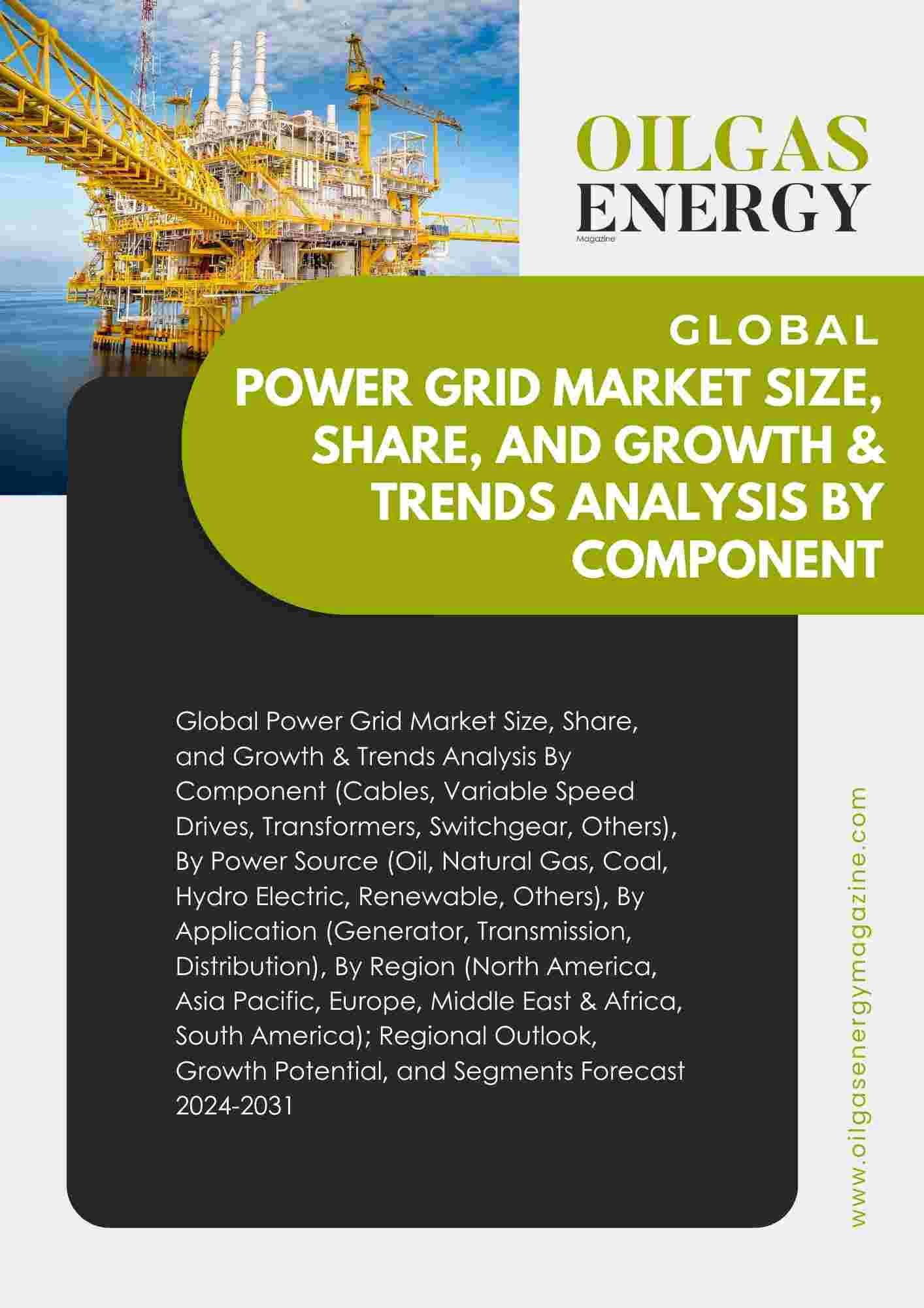 Global Power Grid Market Size, Share, and Growth & Trends Analysis By Component (Cables, Variable Speed Drives, Transformers, Switchgear, Others), By Power Source (Oil, Natural Gas, Coal, Hydro Electric, Renewable, Others), By Application (Generator, Transmission, Distribution), By Region (North America, Asia Pacific, Europe, Middle East & Africa, South America); Regional Outlook, Growth Potential, and Segments Forecast 2024-2031